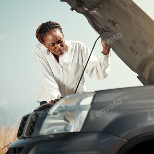 Preview: Confused, broken car and black woman in the road with stress for engine problem or emergency. Trans