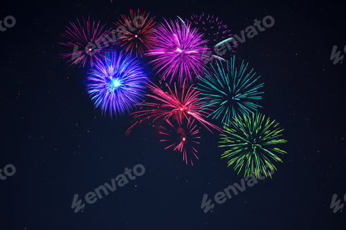 Preview: Pink purpe blue green fireworks over starry sky