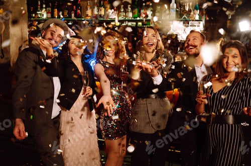 Preview: Happy friends throwing confetti, jumping while enjoying party. Confetti is fun. Party, celebration.