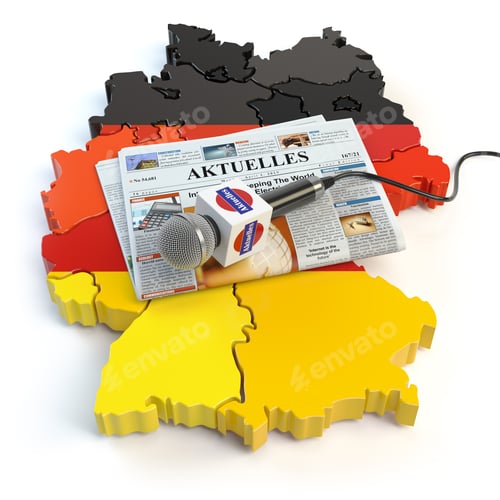 Preview: German news, press and journalism concept. Microphone and newsp