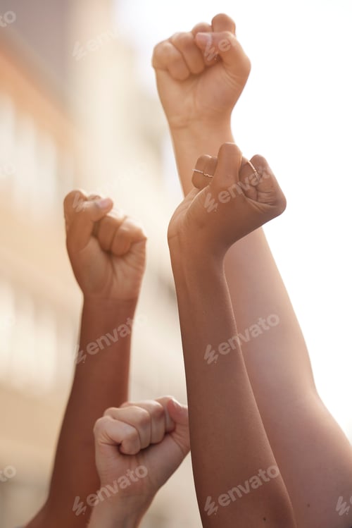 Preview: Hands fist and justice of power by people in public protest for freedom, equality and change in a s