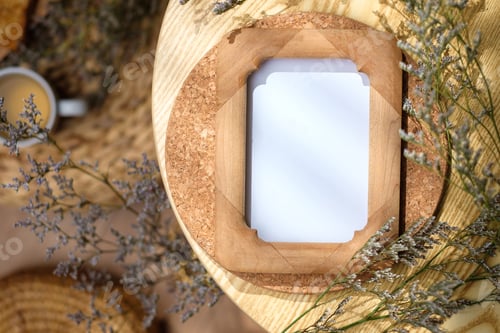 Preview: mockup wooden photo frame on round table with evening sunlight