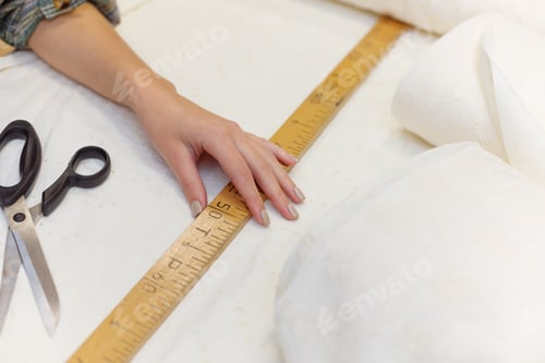 Preview: Scissors and a sewing ruler are on cotton fabric. Textile sale and sewing concept