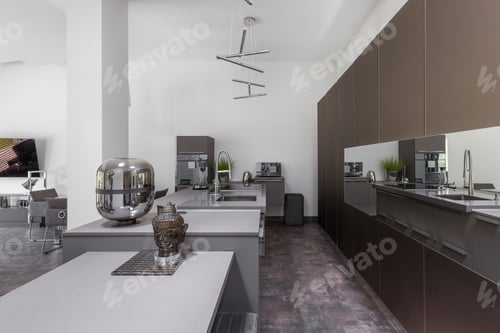 Preview: Grey modern kitchen with island and silver accessories