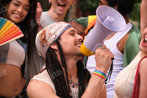 Preview: Activist speaking with megaphone at LGBT pride parade promoting equal rights and diversity