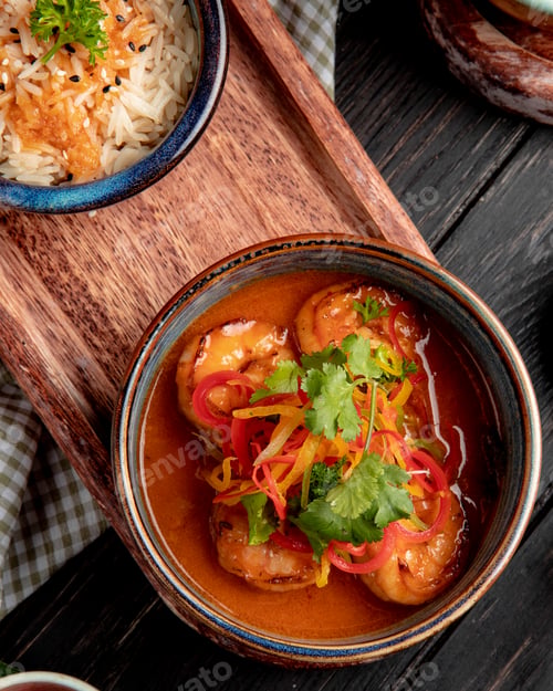 Preview: top view of fried shrimps with vegetables and spicy sauce in a bowl on wooden board