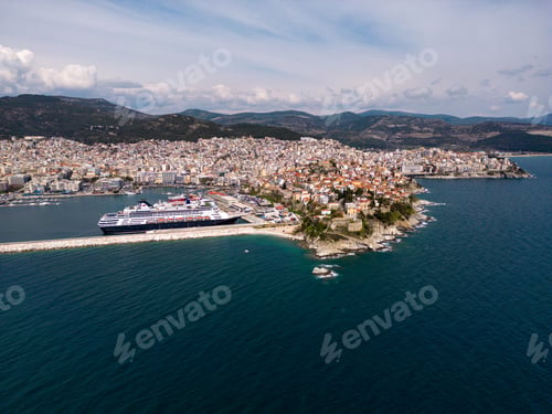 Preview: Aerial view cruise ship in port of Kavala. Visitors can enjoy breathtaking panoramas of the city's