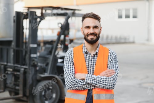 Preview: young worker in warehouse background