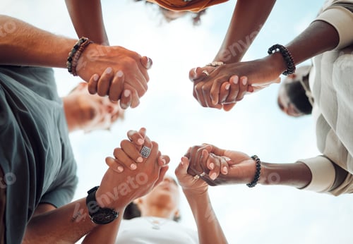 Preview: Holding hands, support and friends praying for spiritual growth, community and gratitude together w