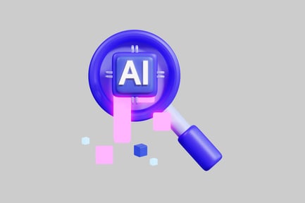 Preview: Illustration of artificial intelligence with magnifying glass and geometric shapes.