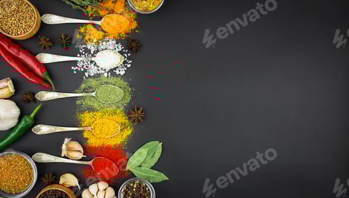 Preview: Various spices and herbs in spoons on a dark table. Indian cuisine. Food background.Copy space.