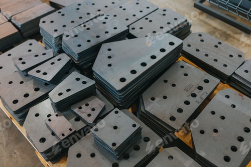 Preview: Bunch of different kinds of connecting plates stacked in neat piles