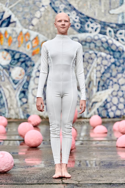 Preview: Young hairless girl ballerina with alopecia in white futuristic suit stands among pink spheres