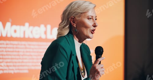 Preview: Speaker, mature woman and presentation for financial market or investment seminar for employees. Fe