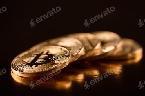 Preview: Row of shiny golden bitcoins as main digital currency nowadays isolated on black background