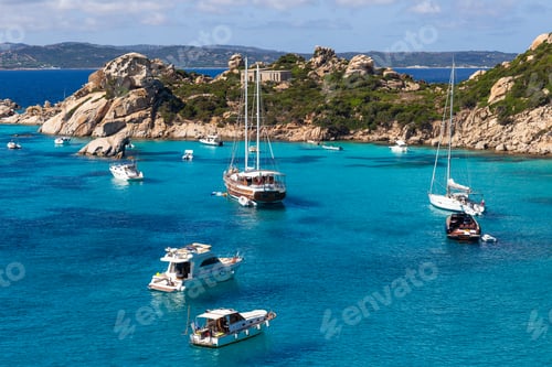 Preview: Yachts and boats in amazing azure sea water in Sardinia island, Italy