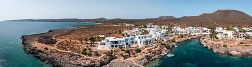 Preview: Kythira island, Greece. Aerial panorama of Avlemonas bay coast and village. Sunny summer day