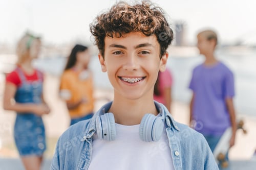 Preview: Portrait of smiling teenage boy with braces wearing headphones looking at camera on the street