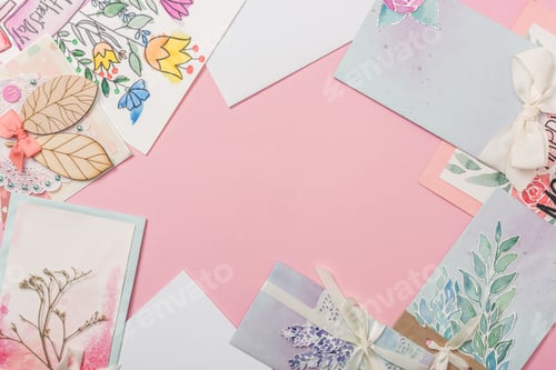 Preview: different mothers day greeting cards on pink background with copy space
