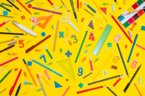 Preview: School equipment. Variety of school supplies. Flat lay