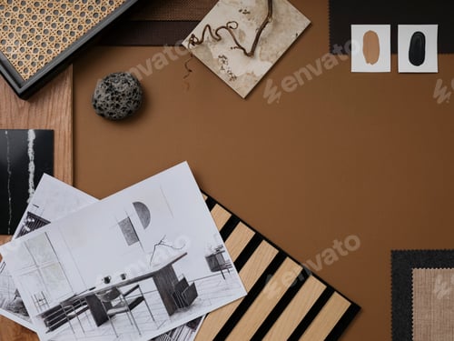 Preview: Stylish flat lay composition in brown, gray and beige color palette with textile and paint samples