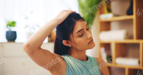 Preview: Stretching, neck and female person with exercise routine for calm, strong muscle and mental health.