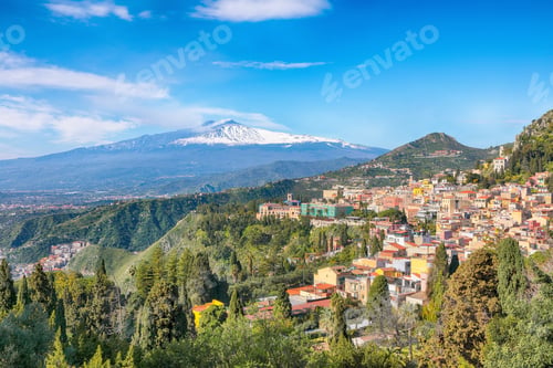 Preview: Awesome view of Taormina resorts and Etna volcano mount.