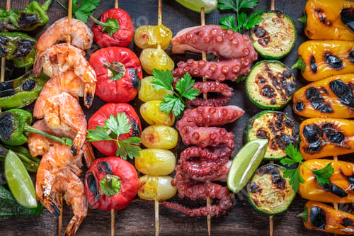 Preview: Hot roasted skewer made of seasonal vegetables and spices.