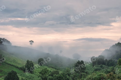 Preview: View of foggy and mountain in the evening