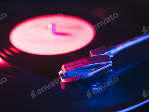 Preview: Cinemagraph, retro record vinyl player. Record on turntable. Top view close up. Loop-able Vintage