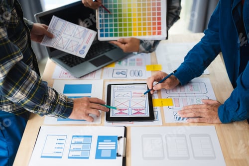 Preview: Close up view of UI developer team brainstorming on their project with laptop,
