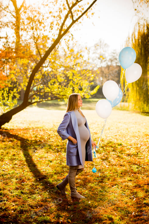 Preview: Young pregnant woman with colorful balloons in autumn forest