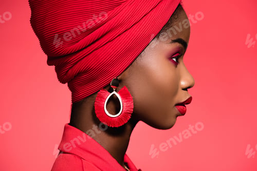 Preview: profile of african american young woman in stylish outfit and turban isolated on red