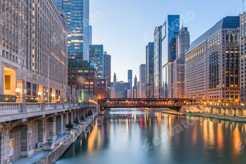 Preview: Chicago, Illinois, USA cityscape on the river at twilight.