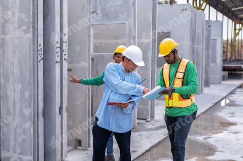 Preview: At building construction site supervisor check quality precast concrete panel before installation