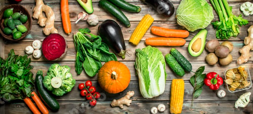 Preview: Healthy food. Variety of ripe fruits and vegetables.