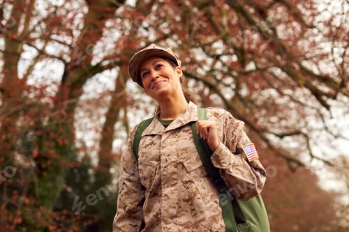 Preview: American Female Soldier In Uniform Carrying Kitbag Returning Home On Leave