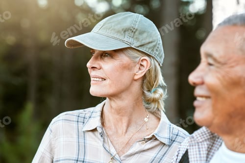 Preview: Fitness on mountain, nature and forest hiking freedom, senior woman in summer, breathing in wood an