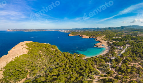 Preview: Ibiza Cala Bassa beach with turquoise water, aerial views