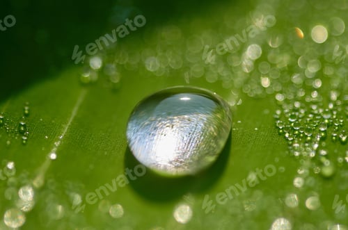 Preview: Water drop on a green leaf. Macro shot with shallow depth of field