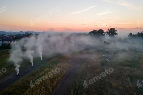 Preview: Aerial view of agricultural waste bonfires from dry grass and straw stubble