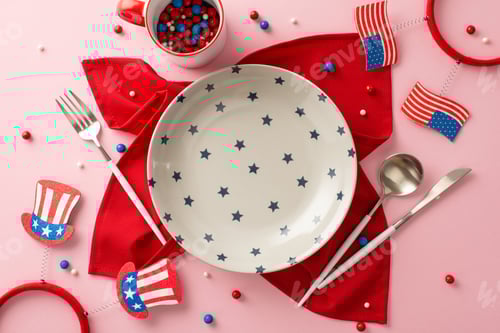 Preview: Memorial Day celebration menu. Top view of table arrangement, dish, silverware, mug
