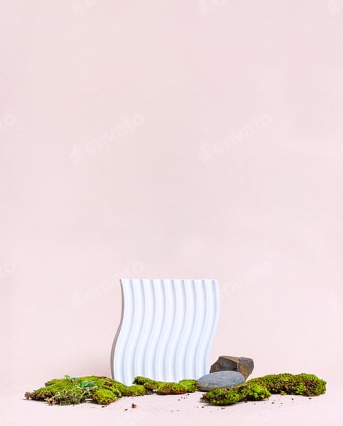 Preview: Organic products display modern style. white geometric pedestal with green moss on pastel background