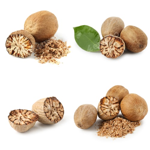 Preview: Nutmeg seeds on white background, set. Aromatic spice