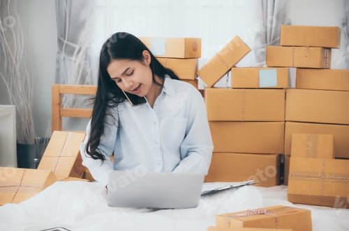 Preview: Young woman entrepreneur selling online product and use laptop in her workplace.
