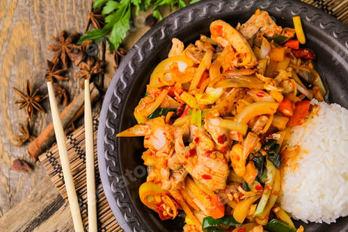 Preview: Spicy chicken with vegetables and rice
