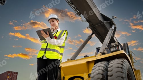 Preview: Quality Insurance Manager Claim Wheel of Big Forklift during forklift carry Big Wheel at Maintenance