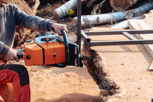 Preview: Closeup of lumberjack cutting tree trunk with giant chainsaw to make wooden planks