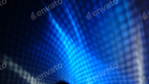 Preview: Progressive rhythmic blue shaded light layers seen through a net fence pattern