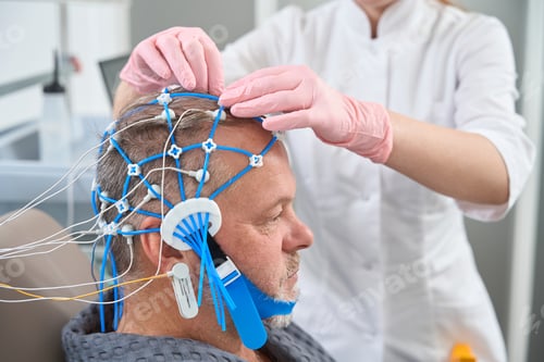 Preview: Diagnostician doctor attaches electrodes to the patient head